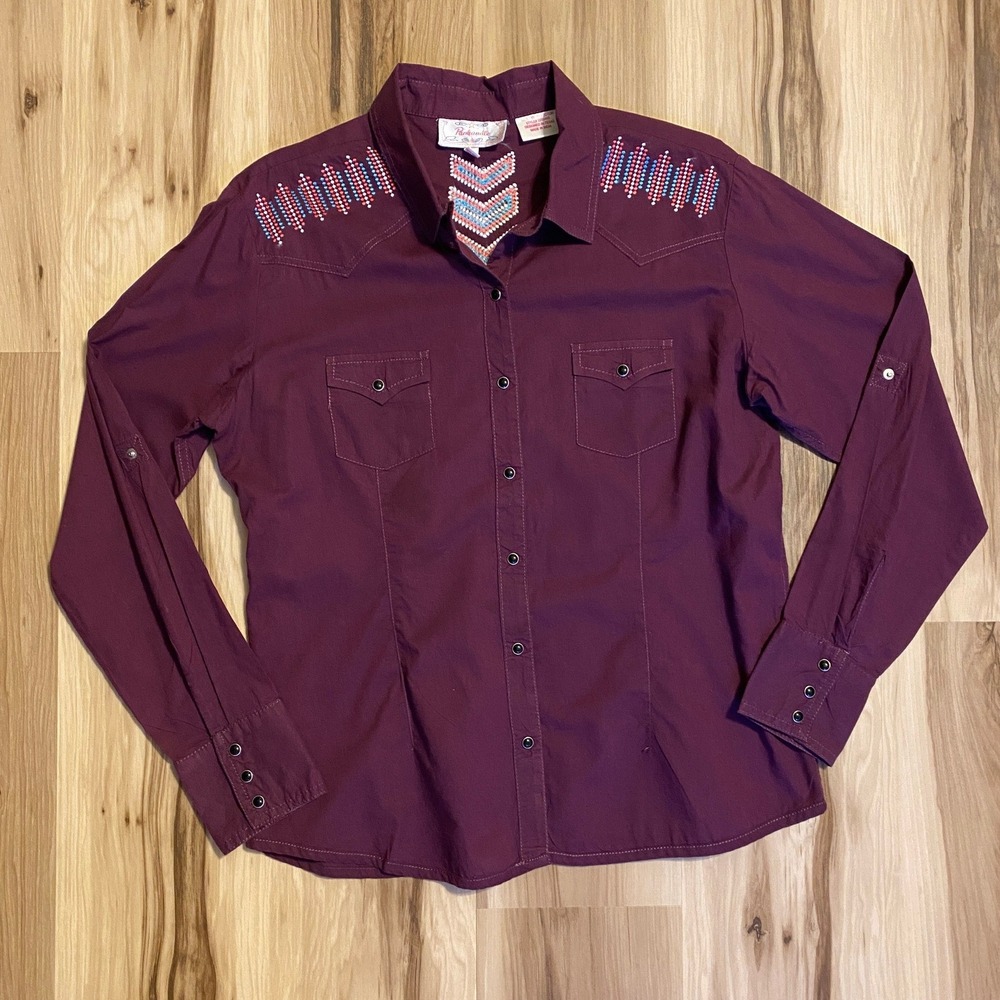 Panhandle Slim Womens Burgundy Embroidered Western Snap Shirt Large 22S5468